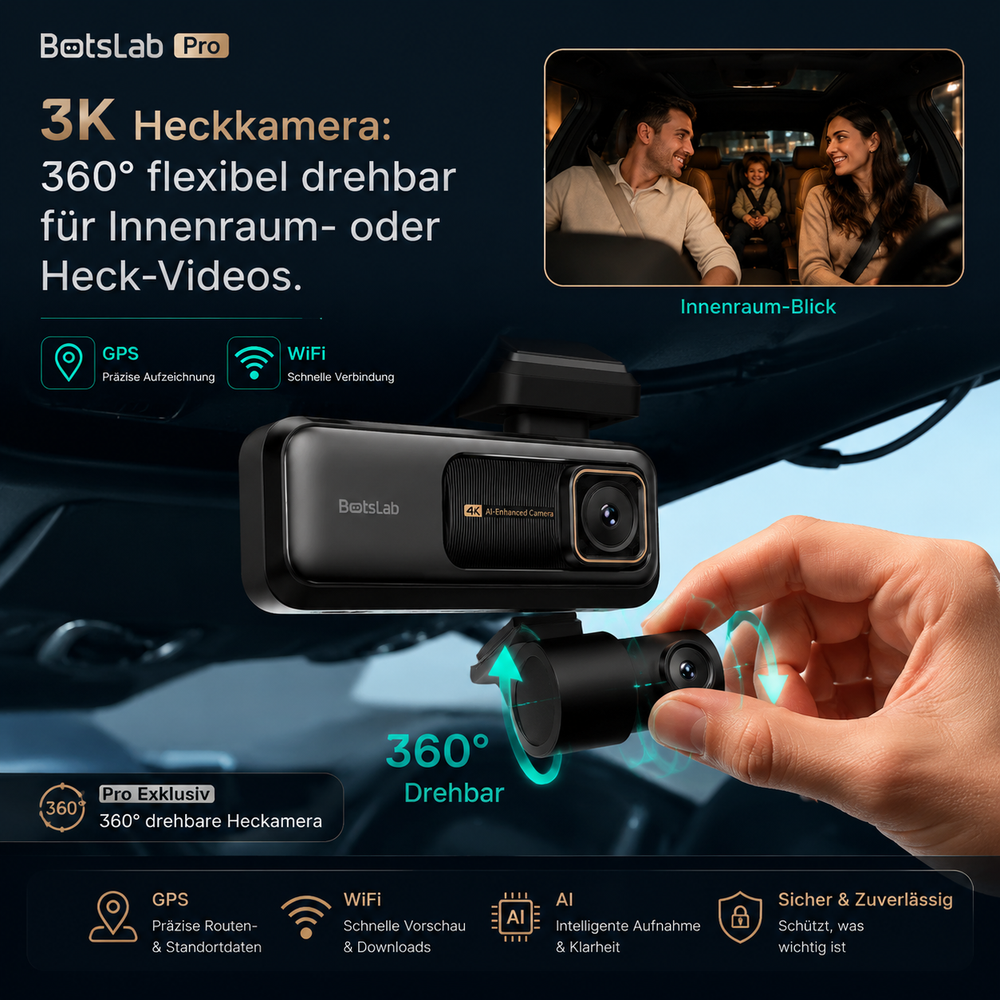 Die 3K Heckkamera der Botslab G980H Pro ist um 360 Grad manuell drehbar für Innenraum- oder Rückverkehr-Videos.