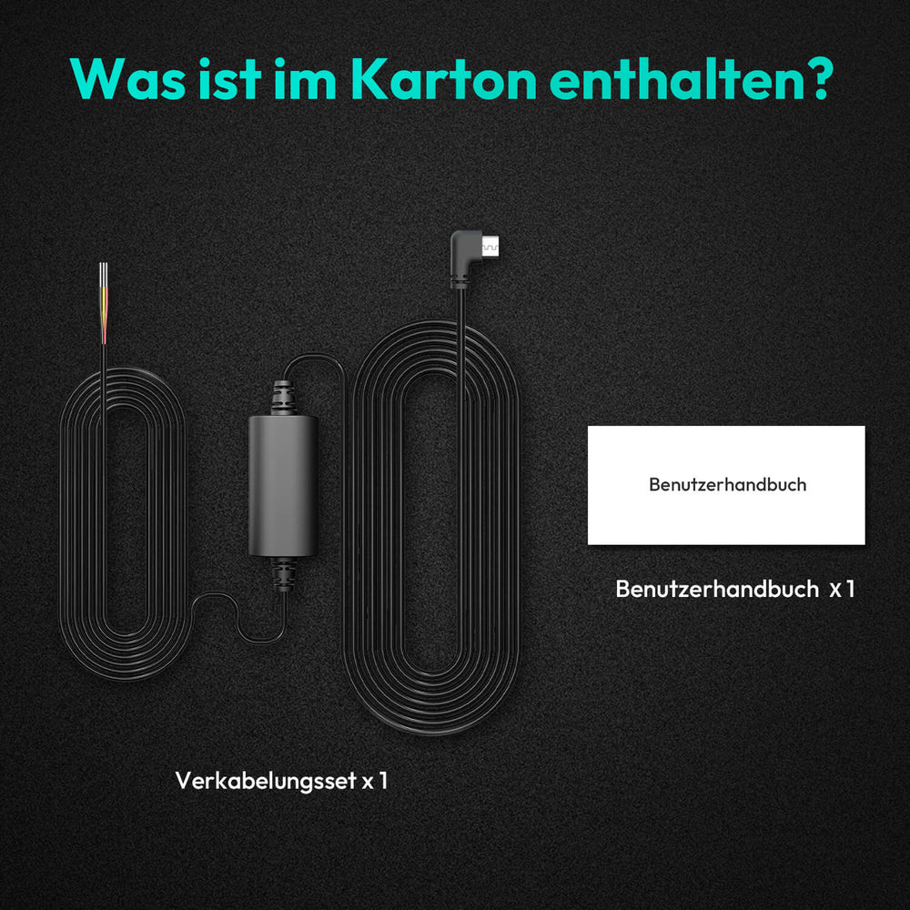 Lieferumfang des Botslab Hardwire-Kits: Type-C-Kabel, Stromkonverter, Sicherungshalter und Anleitung