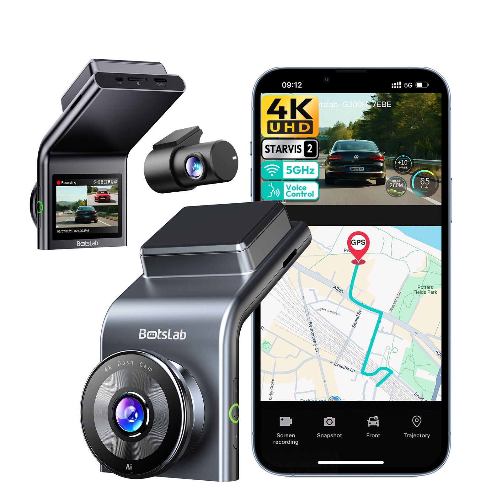BOTSLAB G300H Plus 4K Dash Cam Front+Rear with STARVIS 2, Voice Control & GPS