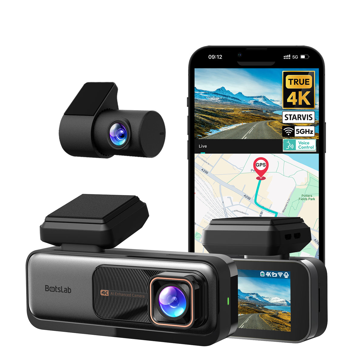 Botslab G980H Pro 4K Dual Dashcam Premium-Set mit Frontkamera und Heckkamera im luxuriösen Auto-Interieur.