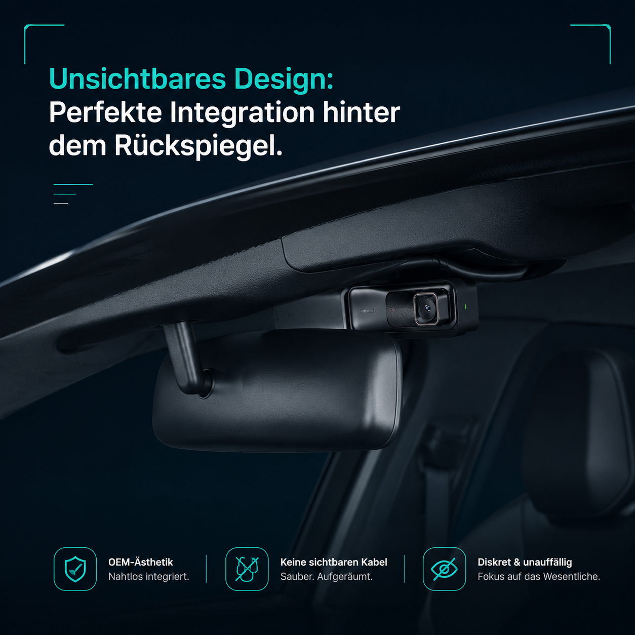 Kompakte Botslab G980H Autokamera unauffällig und unsichtbar hinter dem Rückspiegel im Auto montiert.