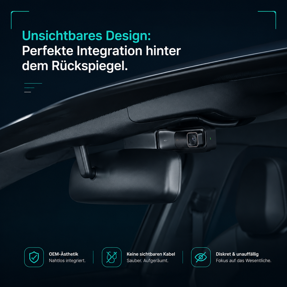 Kompakte Botslab G980H Autokamera unauffällig und unsichtbar hinter dem Rückspiegel im Auto montiert.