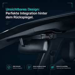 Kompakte Botslab G980H Autokamera unauffällig und unsichtbar hinter dem Rückspiegel im Auto montiert.