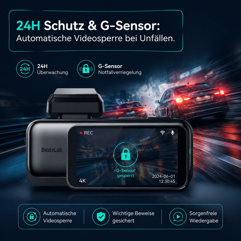 Botslab G980H Car Dashcam mit automatischem G-Sensor und Videosperre bei Unfällen oder Vollbremsungen.