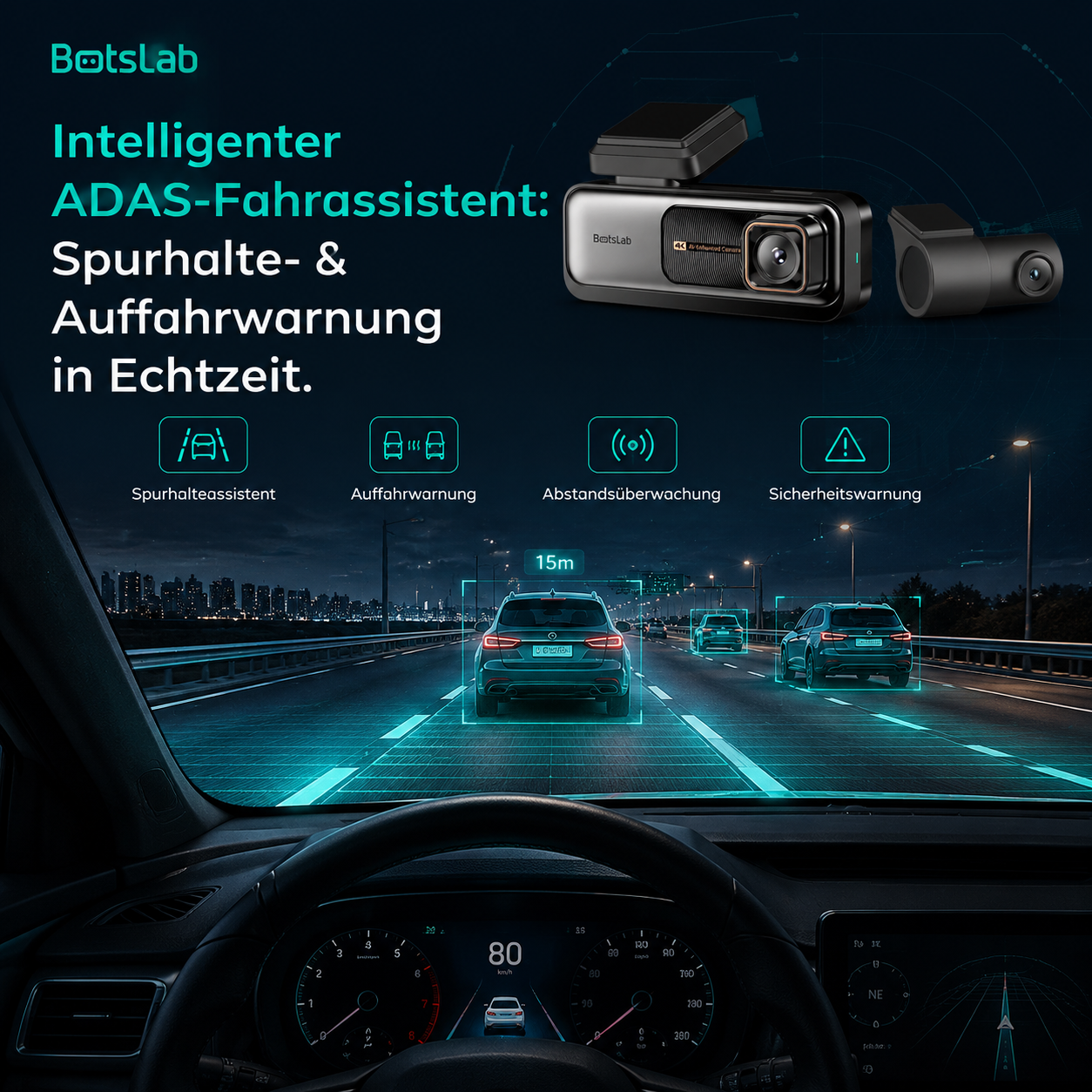 Die G980H Dashcam mit intelligentem ADAS Fahrassistent zeigt Spurhalte- und Auffahrwarnung in Echtzeit auf der Straße.