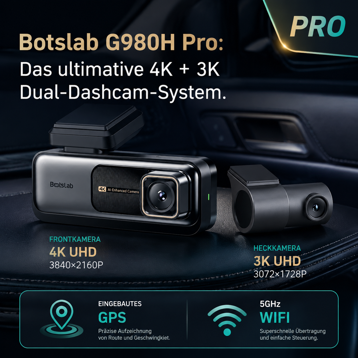 Botslab G980H Pro 4K Dual Dashcam Premium-Set mit Frontkamera und Heckkamera im luxuriösen Auto-Interieur.