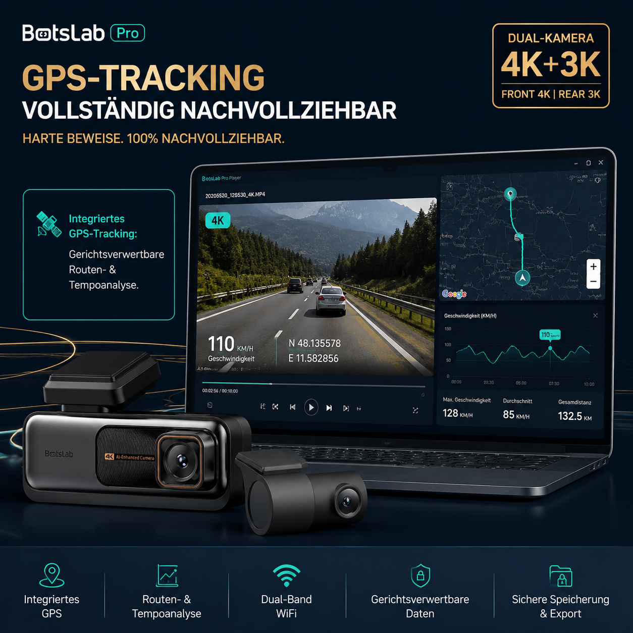 Integriertes GPS-Tracking der Botslab G980H Pro Autokamera zur Analyse von Fahrtroute, Tempo und GPS-Daten am PC