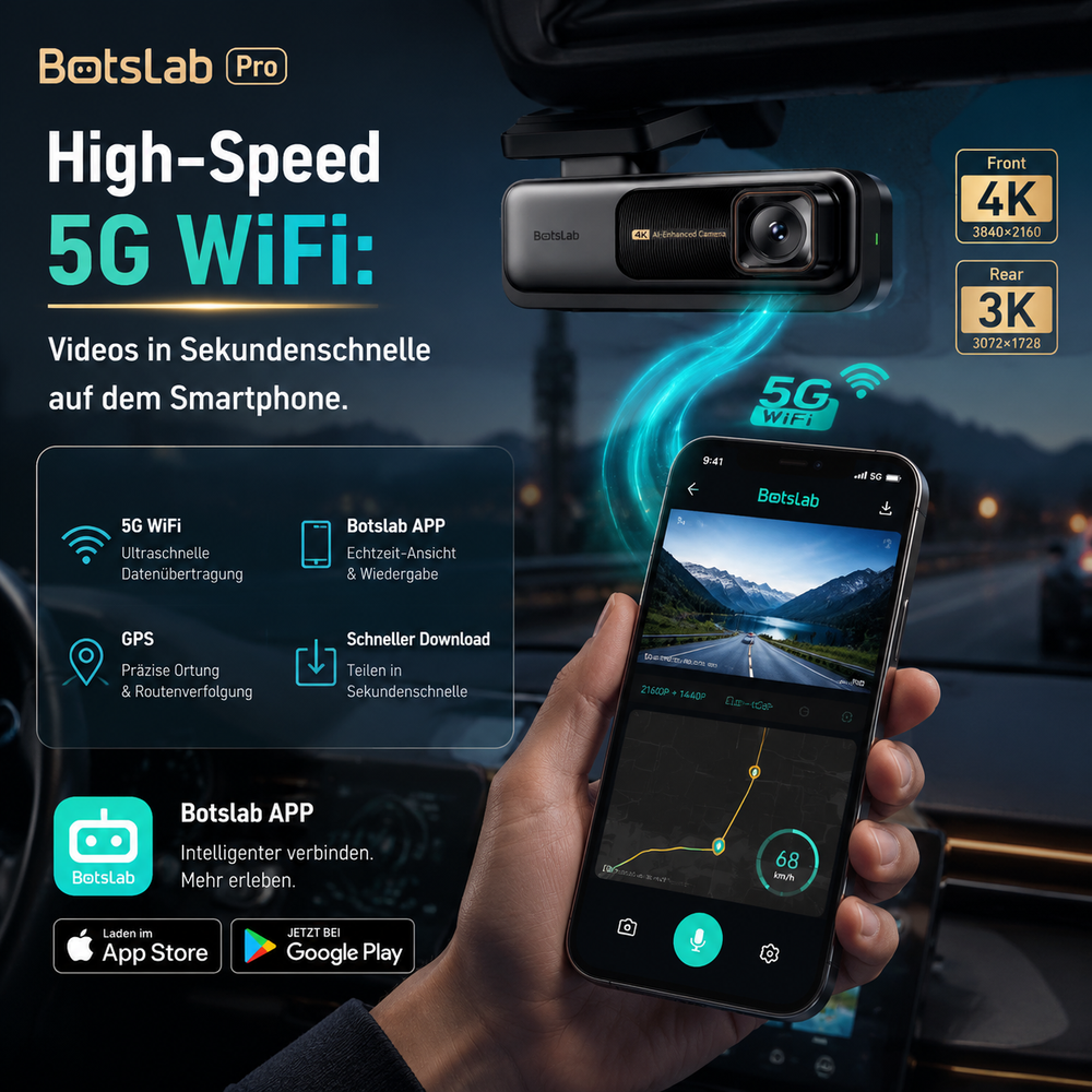 Schnelle Videoübertragung der G980H Pro Dashcam auf das Smartphone via High-Speed 5G WiFi und Botslab App.