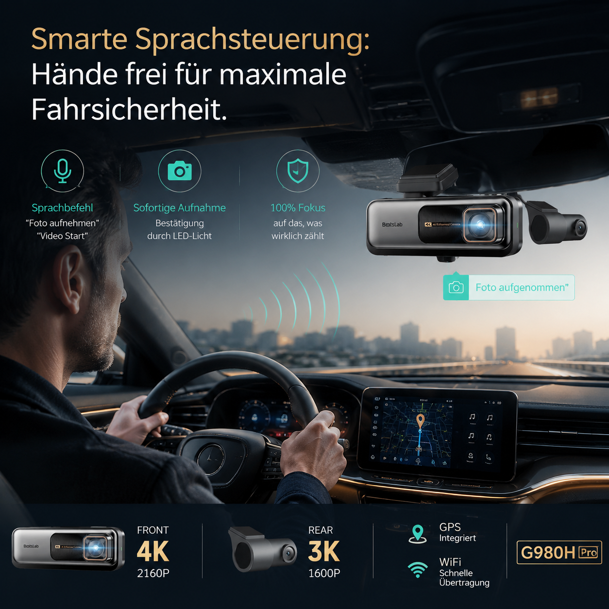 Smarte Sprachsteuerung der G980H Pro Dual Dashcam ermöglicht freihändige Bedienung für maximale Sicherheit beim Fahren.