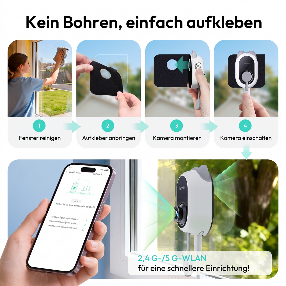 Botslab W101 überwacht gleichzeitig Innen- und Außenbereich durch Fensterglas