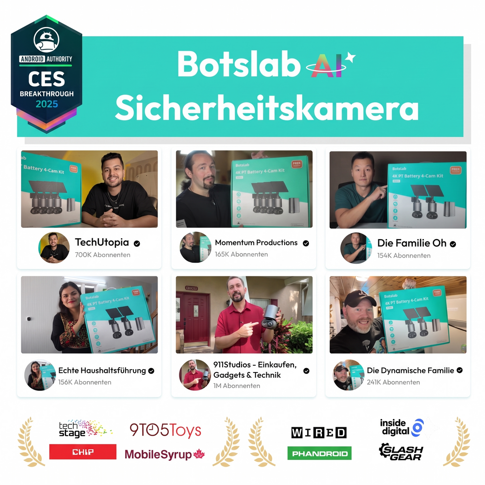 Botslab W510 komplettes 4-Kamera-System für rundum Schutz von Haus und Grundstück – AI-gestützte Sicherheit, 4K Auflösung, Solarbetrieb und kein monatliches Abo.

